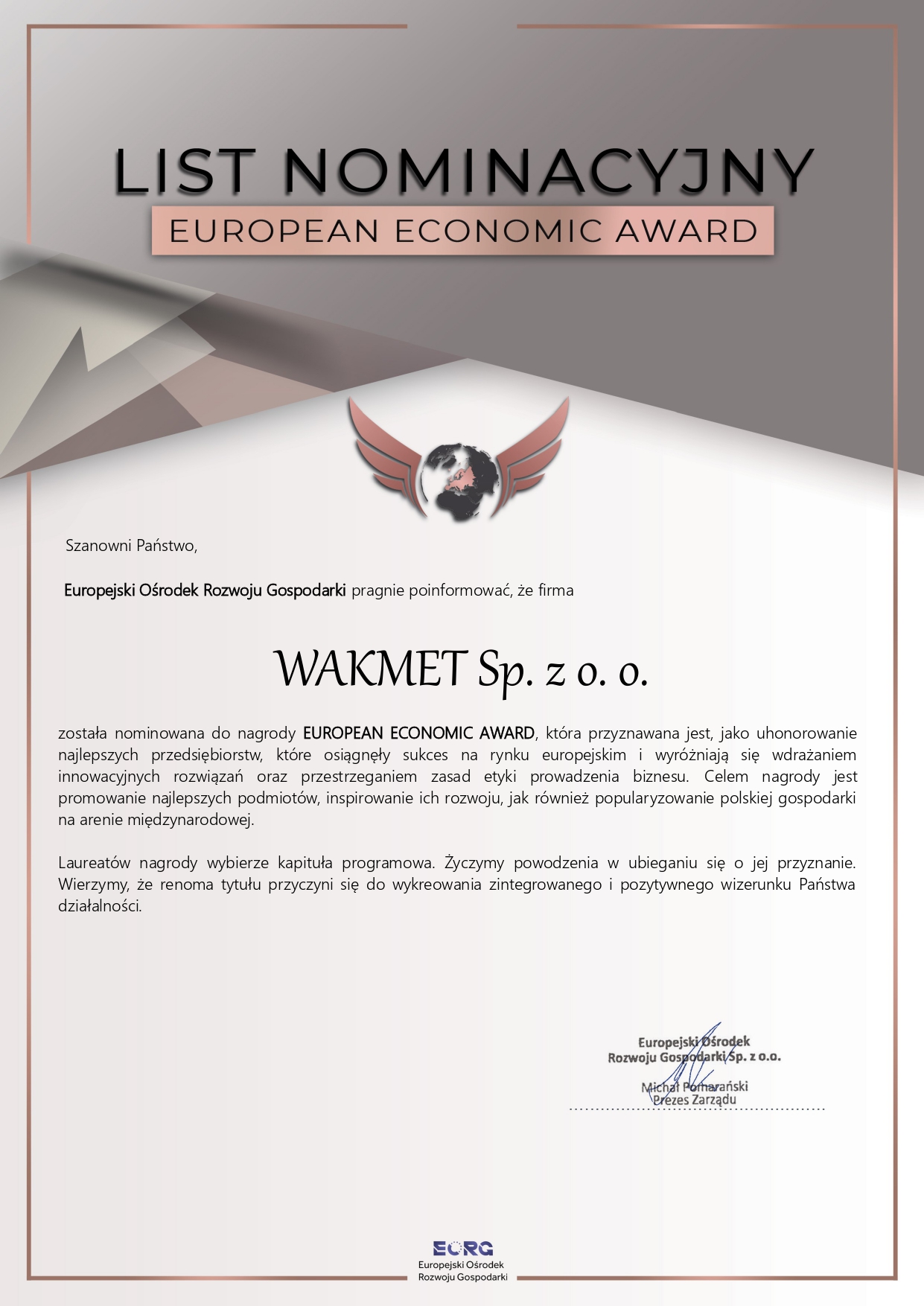 Wir wurden für den EUROPEAN ECONOMIC AWARD nominiert